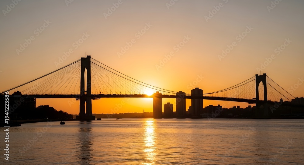 Obraz premium Sunset over a bridge and cityscape with water reflection