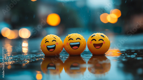 Three laughing emojis on wet street with blurred city lights