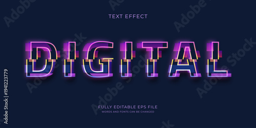 Glitch word text effect with editable digital style theme in purple color