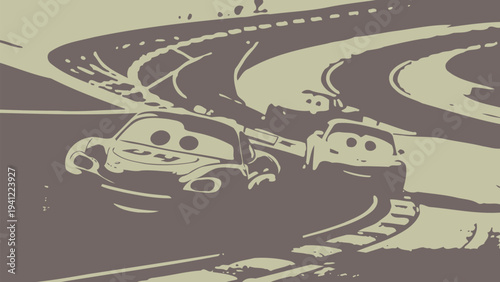 Racing cars speeding on a winding track with excitement