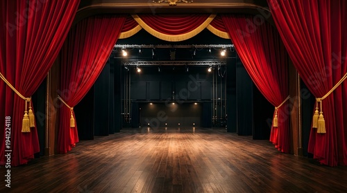A grand theater stage with red curtains open revealing an empty wooden floor and spotlight