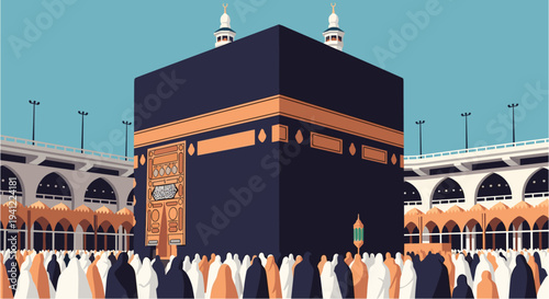 An illustration depicting the Kaaba, the sacred building at the center of Islam's most important mosque, with pilgrims performing the Hajj.