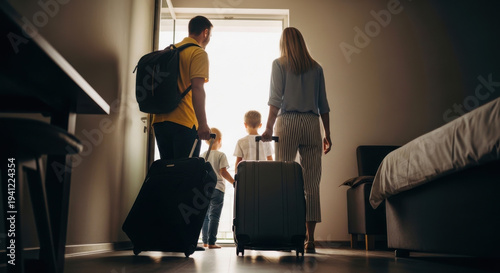 Family of four arriving at hotel room with luggage for vacation