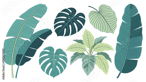A vibrant set of various tropical foliage elements, creating a lush collection of exotic leaves for captivating design projects