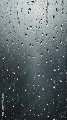 Close-up of gentle raindrops sliding down a glass window, creating water beads and streaks.