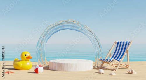 Summer beach product display podium with water arch and rubber duck