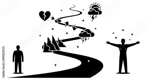 A symbolic black and white illustration depicting a winding life path filled with challenges, growth, and eventual triumph.