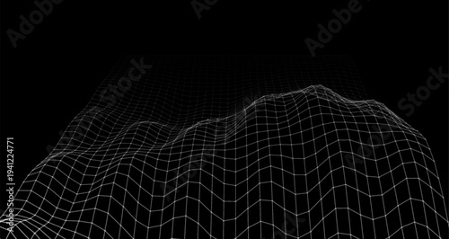 Futuristic Wireframe Landscape Grid Vector Background with Digital Terrain Mesh and Technology Data Surface