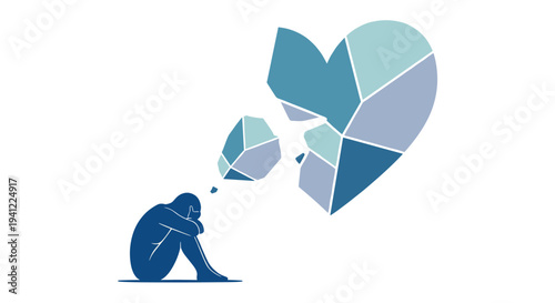A solitary figure sits in despair, contemplating a shattered heart, symbolizing profound emotional pain, loss, and the silent struggle with mental health issues.