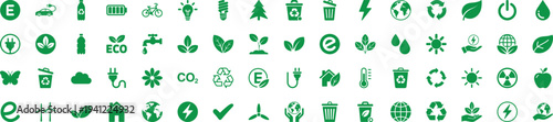 Ecology Icon Set Featuring Green Eco Symbols for Sustainability, Recycling, Renewable Energy, Nature Conservation, Environmental Protection, Organic Lifestyle and Climate Friendly Technology Vector
