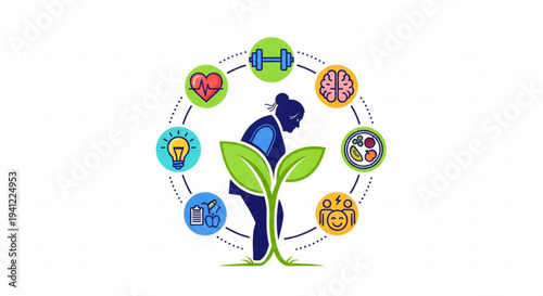 Person nurturing plant with wellness icons around for healthy lifestyle and growth