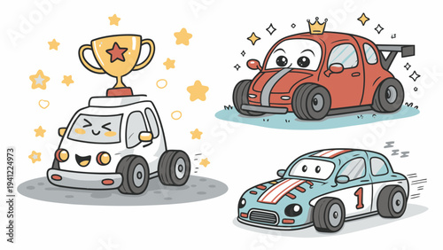Cute cartoon cars celebrating racing victory with trophy and crown