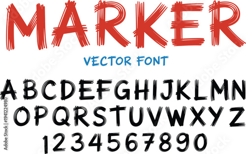 Red and black marker style font with uppercase and lowercase letters and numbers