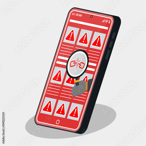 Smartphone showing multiple warning alerts and broken link detection with hacker hand holdinh magnifying glass. Concept link spam, phishing attack, and hacker attack.