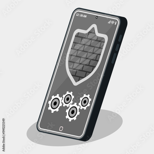 Smartphone with shield protection and gear icons representing mobile security system, cybersecurity protection, data privacy, firewall defense, and safe digital technology concept.