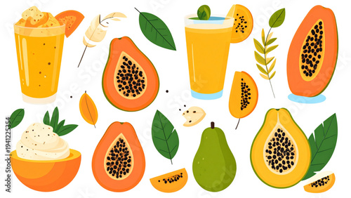 Papaya dessert and juice illustration set featuring fresh tropical fruit, drinks, and sweet food presentation in flat vector style