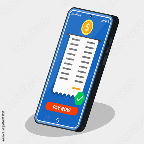 Smartphone screen showing digital receipt with pay now button and coin icon, representing mobile payment, online transaction, digital billing, fintech technology, and secure cashless purchase.