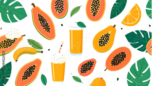 Papaya dessert and juice illustration set featuring fresh tropical fruit, drinks, and sweet food presentation in flat vector style