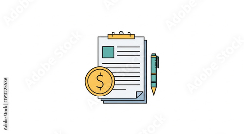 Financial Document with Coin and Pen on Clipboard.