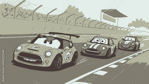 Cute cartoon cars racing on a track with big eyes