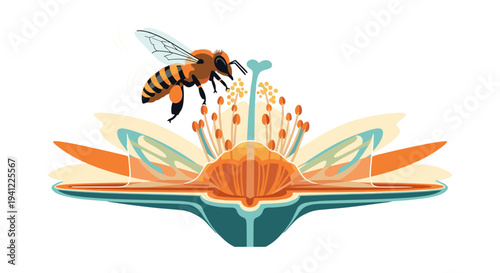 A beautifully illustrated honeybee diligently pollinates a vibrant flower, showcasing the intricate process of nature's essential cycle and ecological balance.
