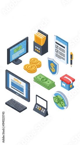 Financial transaction icons including devices and currency symbols.