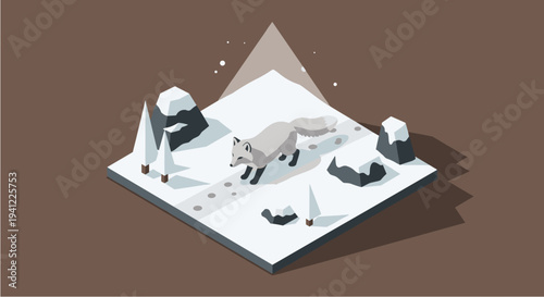 An adorable arctic fox traverses a serene, snow-covered winter landscape, leaving delicate footprints in the pristine white snow, depicted in a charming isometric low-poly art style.