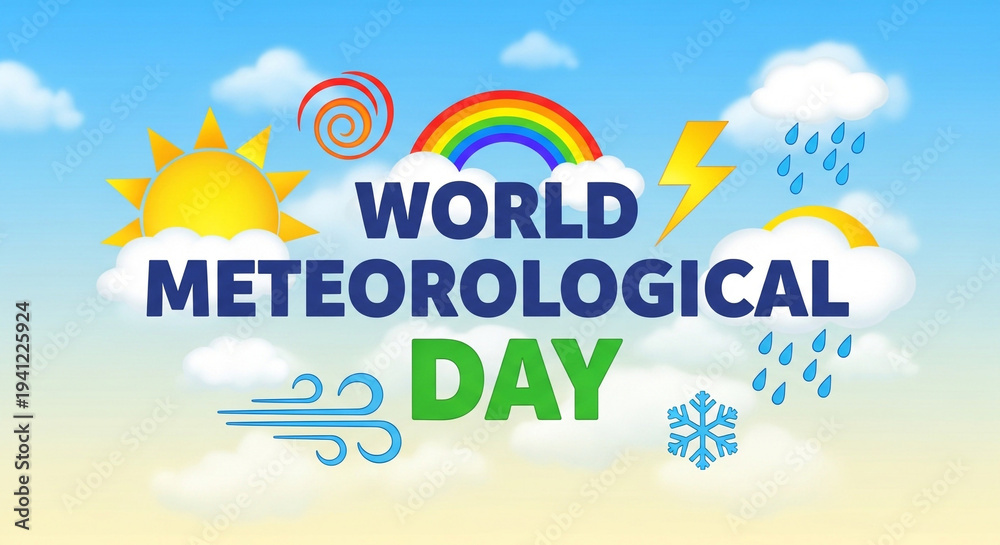 Fototapeta premium Vibrant World Meteorological Day graphic with sunny weather symbols