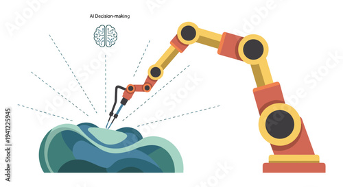 Artificial intelligence decision-making process illustrated with a robotic arm performing precise actions based on AI analysis and brain-like computations.