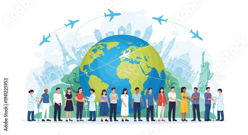 Diverse group of people standing around the earth with airplanes and city skylines in the background symbolizing global unity and travel