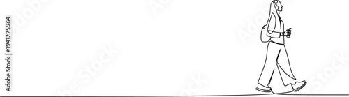 One line drawing of a young woman walking with backpack and holding a cup of coffee.