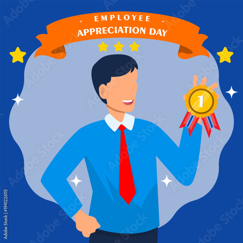 Happy worker holding first place award badge. Employee appreciation day concept