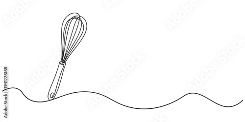 Continuous one line drawing of a balloon whisk kitchen tool minimalist style vector illustration, Balloon Whisk continuous one line drawing illustration. Whisk Continuous Line Art, Cooking whisk one