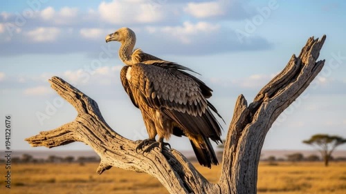 Vulture perched on dry tree branch savannah.
