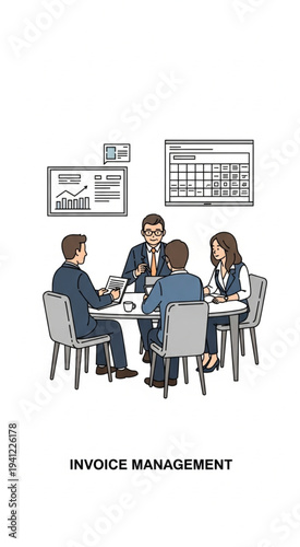 Business professionals discussing invoice management around a table.