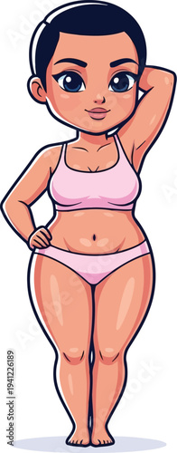 Plus size confident character in pink underwear cartoon drawing