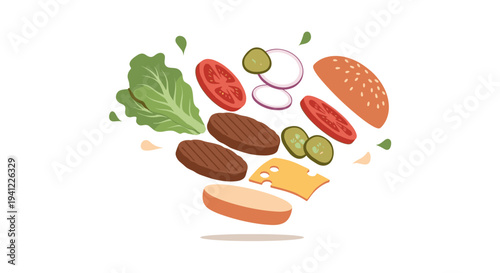 A vibrant, deconstructed burger illustration with fresh ingredients like lettuce, tomato, patty, cheese, and bun, artfully arranged on a clean white background.