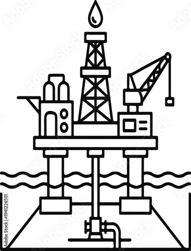 Offshore oil drilling platform vector icon with derrick and crane