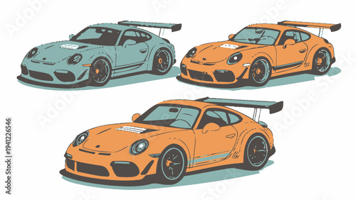 Three high-performance sports cars in vibrant colors on display