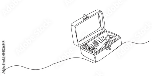 One continuous line drawing of first aid kit box. Single line of first aid kit box vector illustration, Simple line art illustration of medical kit symbolizing emergency preparedness and healthcare.