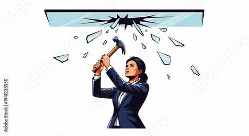 Determined businesswoman breaks through the glass ceiling, illustrating empowerment and overcoming career barriers to achieve success and equality