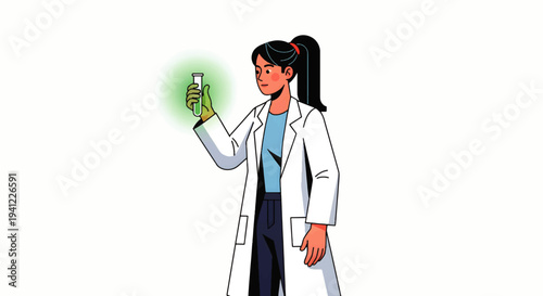 Young female scientist in a lab coat examines a glowing sample, representing scientific research and innovation in a laboratory setting