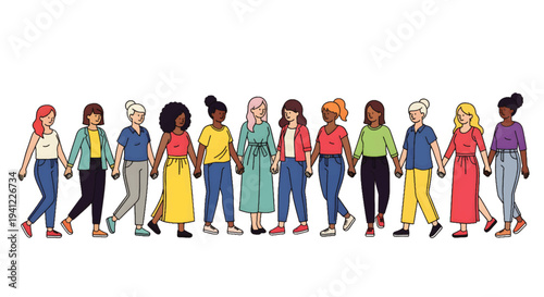 A diverse group of women, representing various ethnicities and ages, holding hands in solidarity and unity