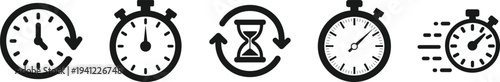 Timer and Stopwatch Icon Set Featuring Countdown Clock, Time Tracking, Hourglass and Speed Timer Symbols for Deadline Management, Productivity, Scheduling, Performance and Digital Interface Vector