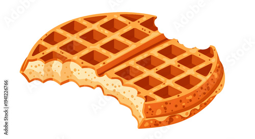 A delicious round waffle, partially eaten, showing its golden-brown texture and square grid pattern, perfect for breakfast or dessert