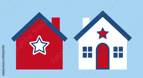 American Patriotic USA house flat vector illustration set.
Red white blue USA home Design Clipart set.