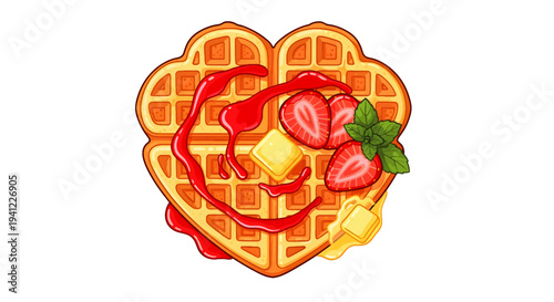 A vibrant illustration of a heart-shaped waffle, lavishly adorned with fresh red strawberries, rich syrup, and melting butter, symbolizing sweet indulgence and heartfelt morning delights
