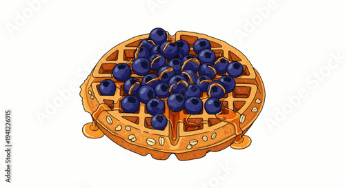Fluffy golden-brown waffle topped with fresh blueberries and drizzled with sweet syrup, a perfect breakfast delight illustration