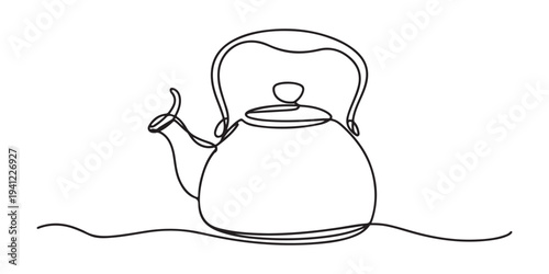 Continuous line illustration of a kettle with a handle and spout. One line drawing in a simple minimalist style, suitable for culinary themes, kitchen elements, and everyday household concepts.