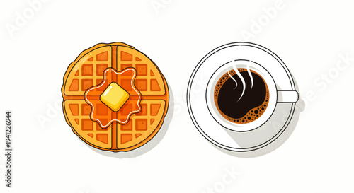 Delicious Waffle with Butter and a Steaming Cup of Black Coffee Overhead View